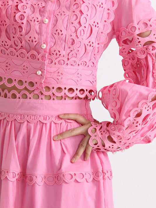 Lace Button Up Long Sleeve Top and Skirt Set - product photo 2