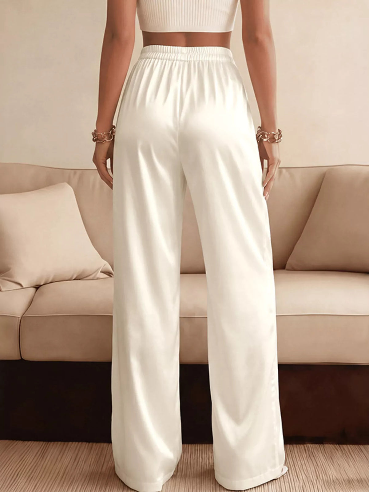 Lace Waist Wide Leg Pants - Beige - View 6