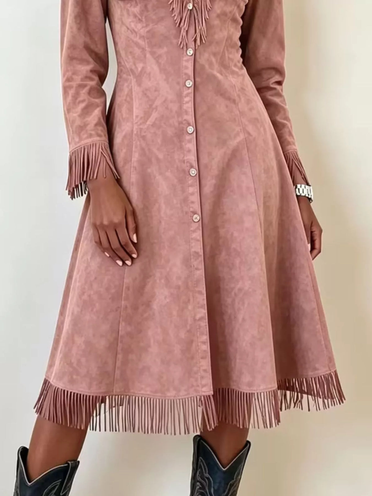 Full Size Fringed Button-Down Outerwear Plus Size - Dusty Pink - View 3