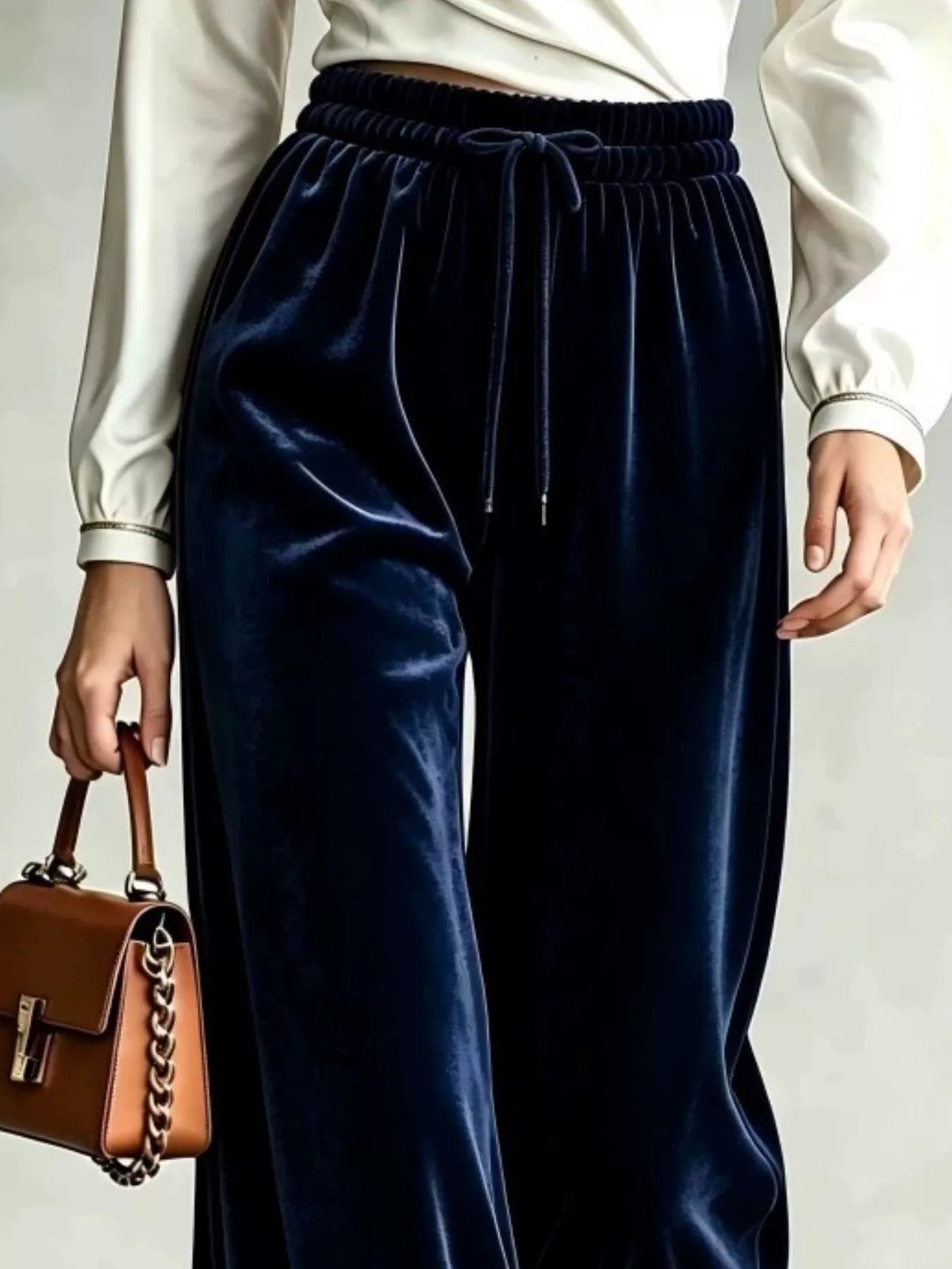 Velvet Wide-Leg Pants with Drawstring - Navy - View 2
