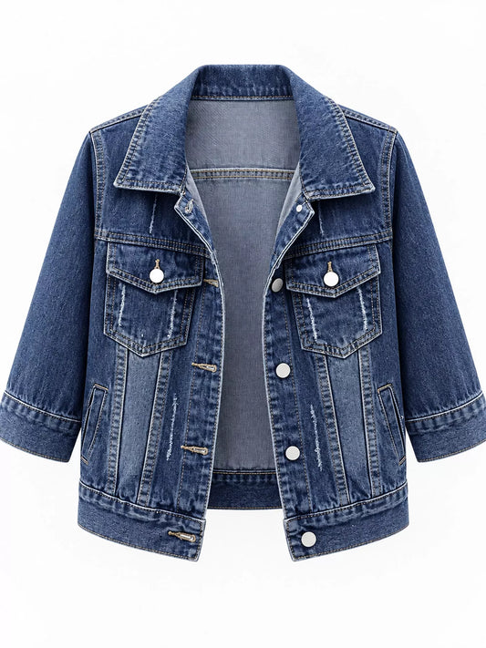 Full Size Distressed Mid-Sleeve Denim Jacket Plus Size - Blue - View 2