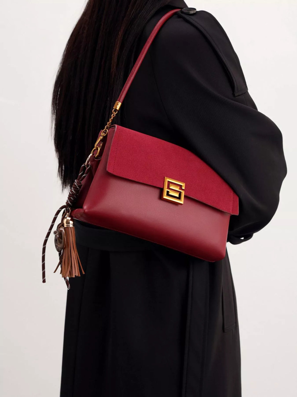 Gold-Tone Hardware Crossbody Bag - Wine Red - View 6