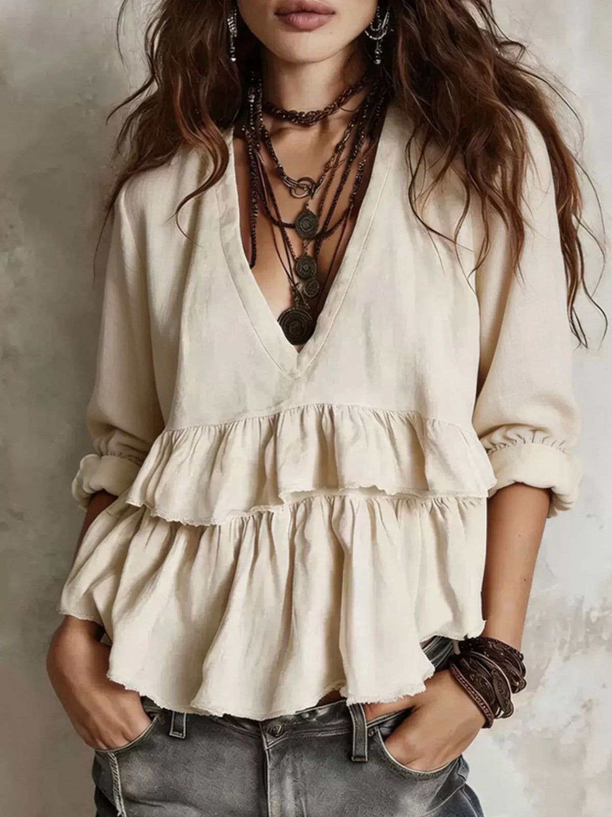 Full Size Ruffled Hem V-Neck Blouse Plus Size - Cream - View 1