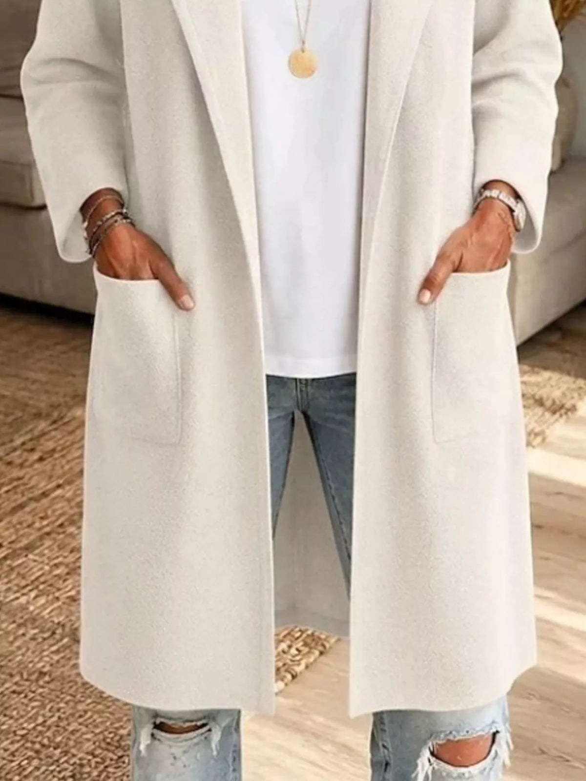Full Size Open-Front Longline Knit Outerwear Plus Size - Off-white - View 5