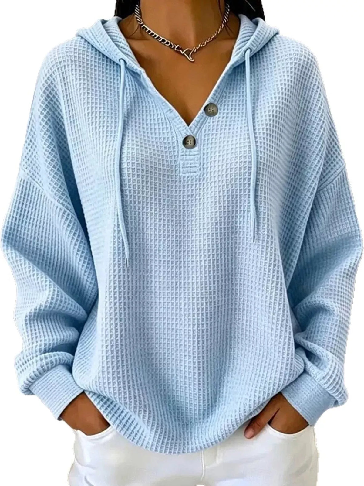 Full Size Waffle Knit Button Detail Hoodie Plus Size - Light Blue - View 5