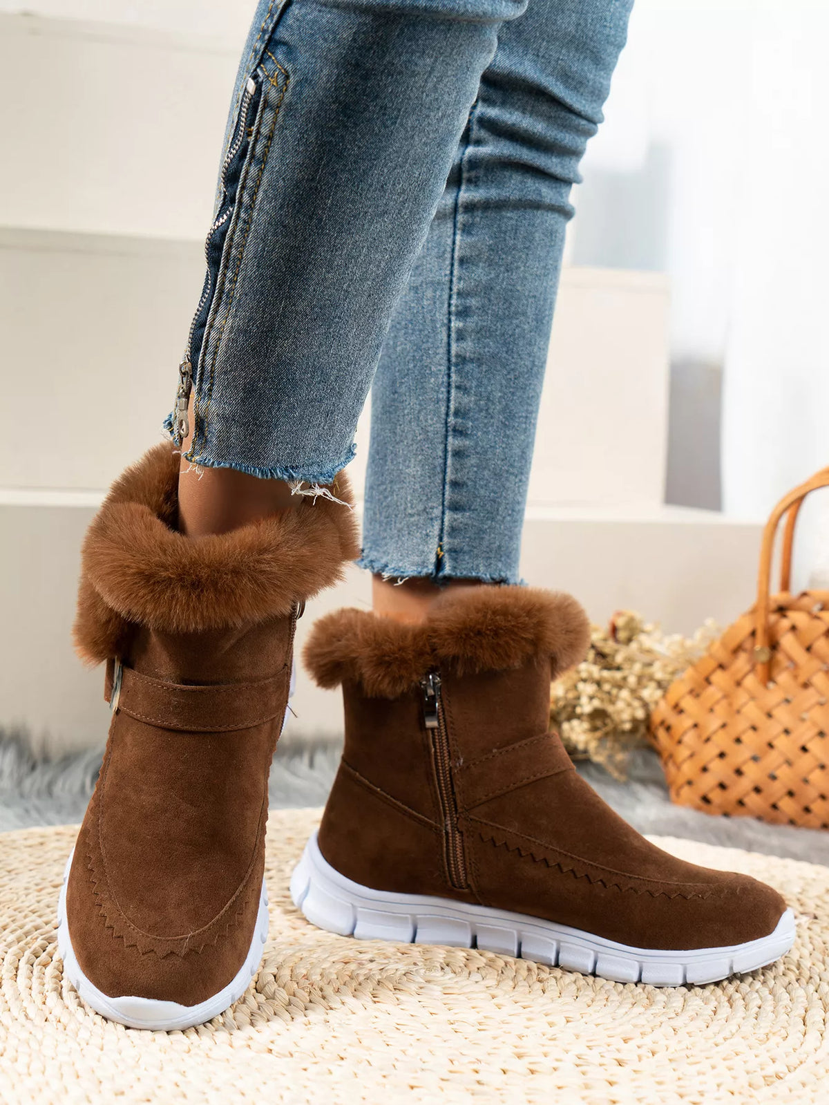 Fuzzy Trim Buckle Boots - Dark Brown - View 3