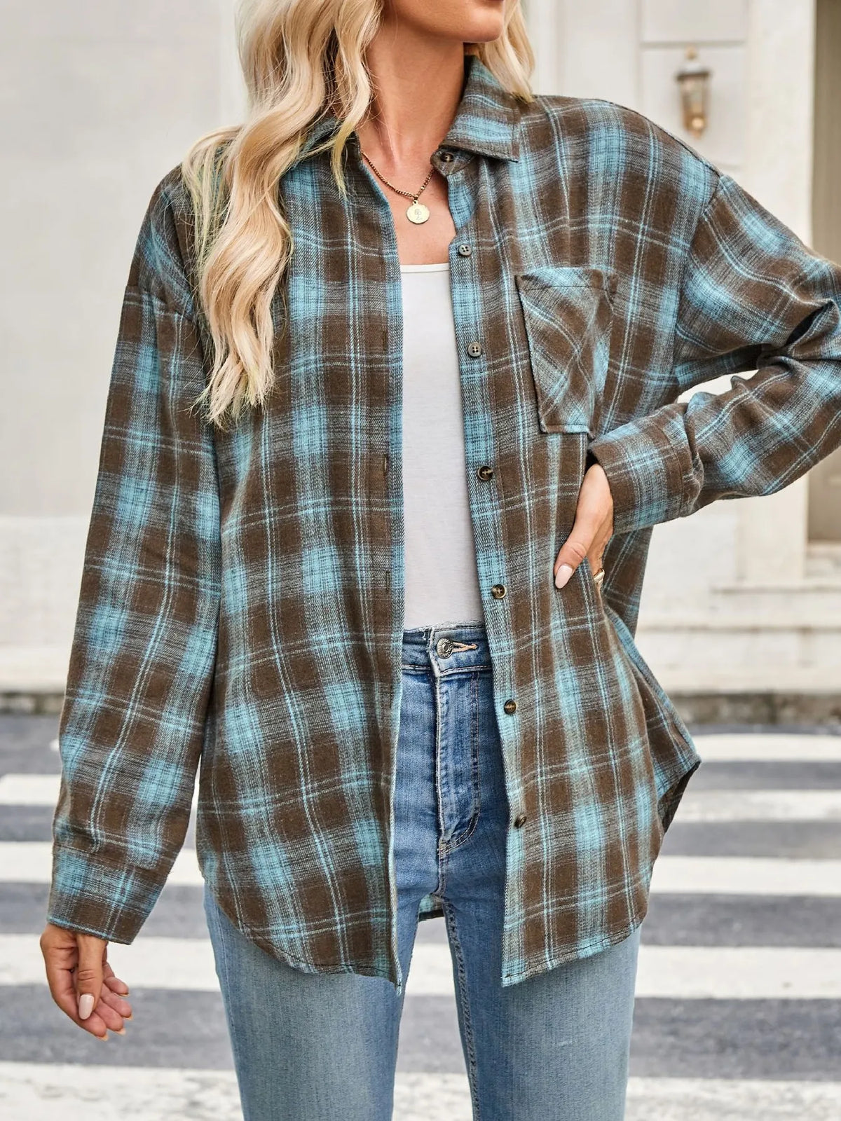 Plaid Button Up Long Sleeve Shirt - Turquoise - View 9