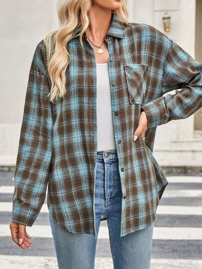 Plaid Button Up Long Sleeve Shirt - Turquoise - View 9