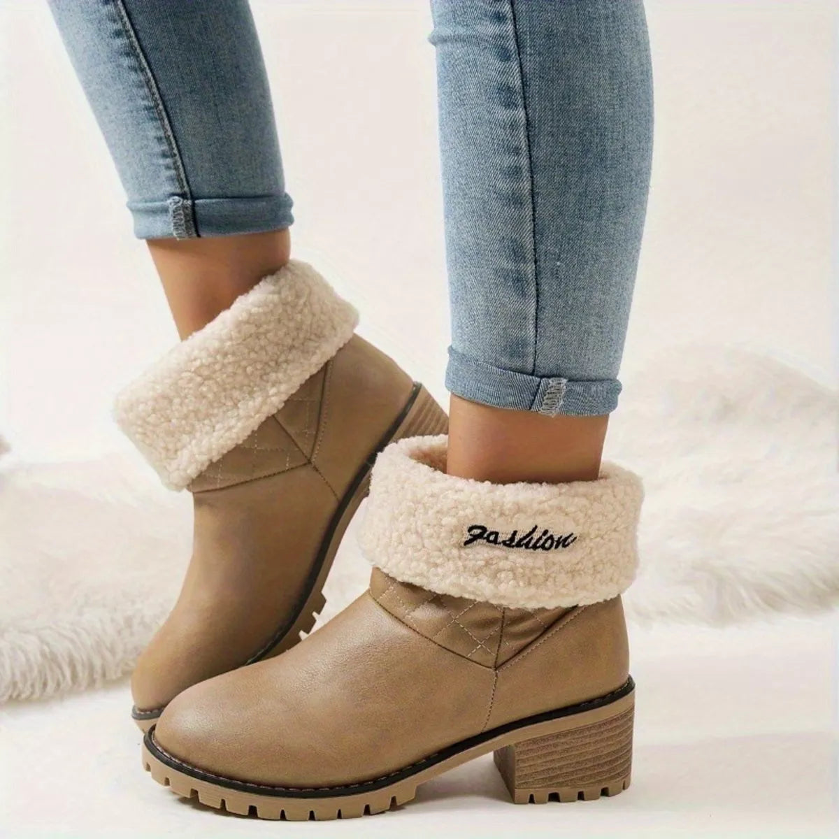 Round Toe Block Heels Boots - Khaki Color - View 1