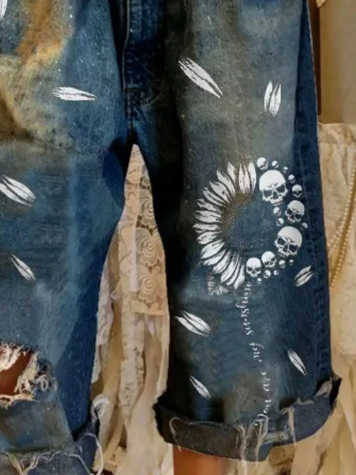 Full Size Distressed Skull Print Jeans Plus Size - Dark Blue - View 2