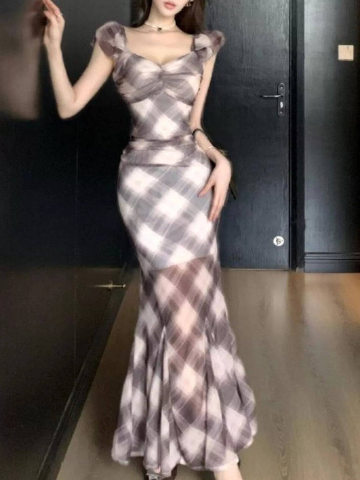 Plaid Ruffle Cap Sleeve Bodycon Maxi Dress - Brown - View 6