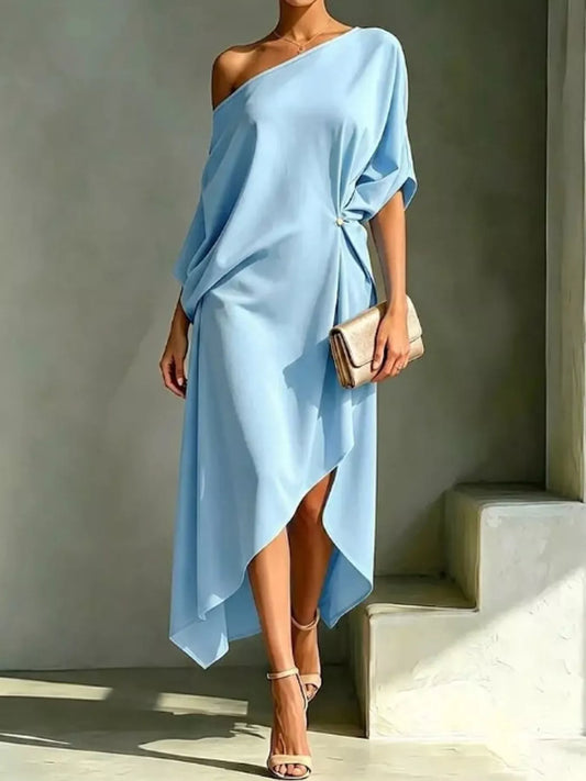 Full Size One-Shoulder Asymmetric Hem Midi Dress Plus Size - Sky Blue - View 1