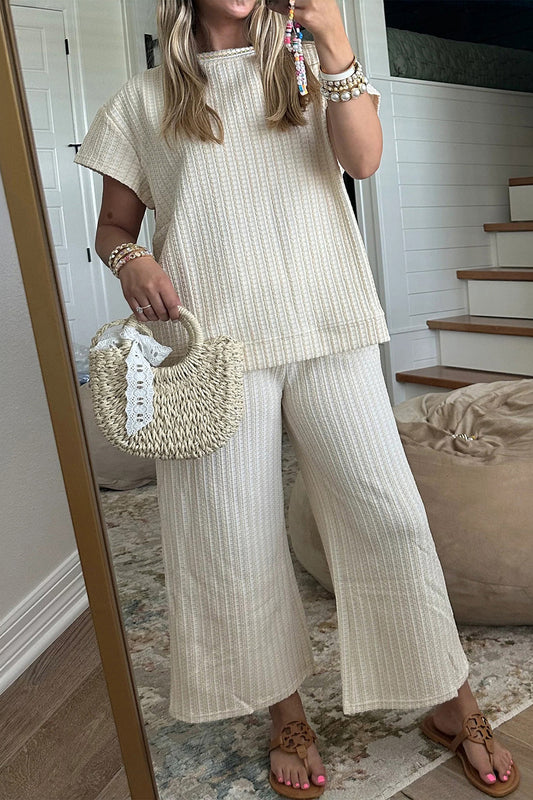 Beige Texture Loose Short Sleeve Top and Cropped Pant Set - Beige - 2