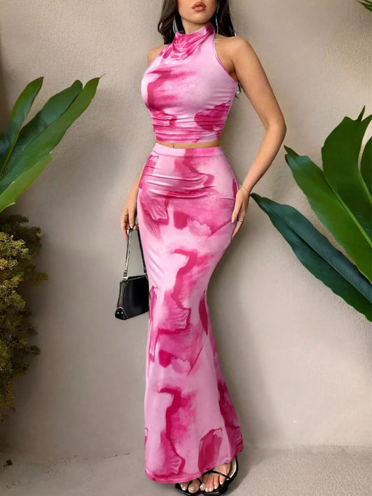 Tie-Dye Halter Top and Mermaid Skirt Set - product photo 1
