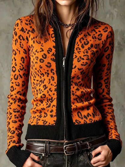Leopard Zip-Up Knit Cardigan - Tangerine - View 1