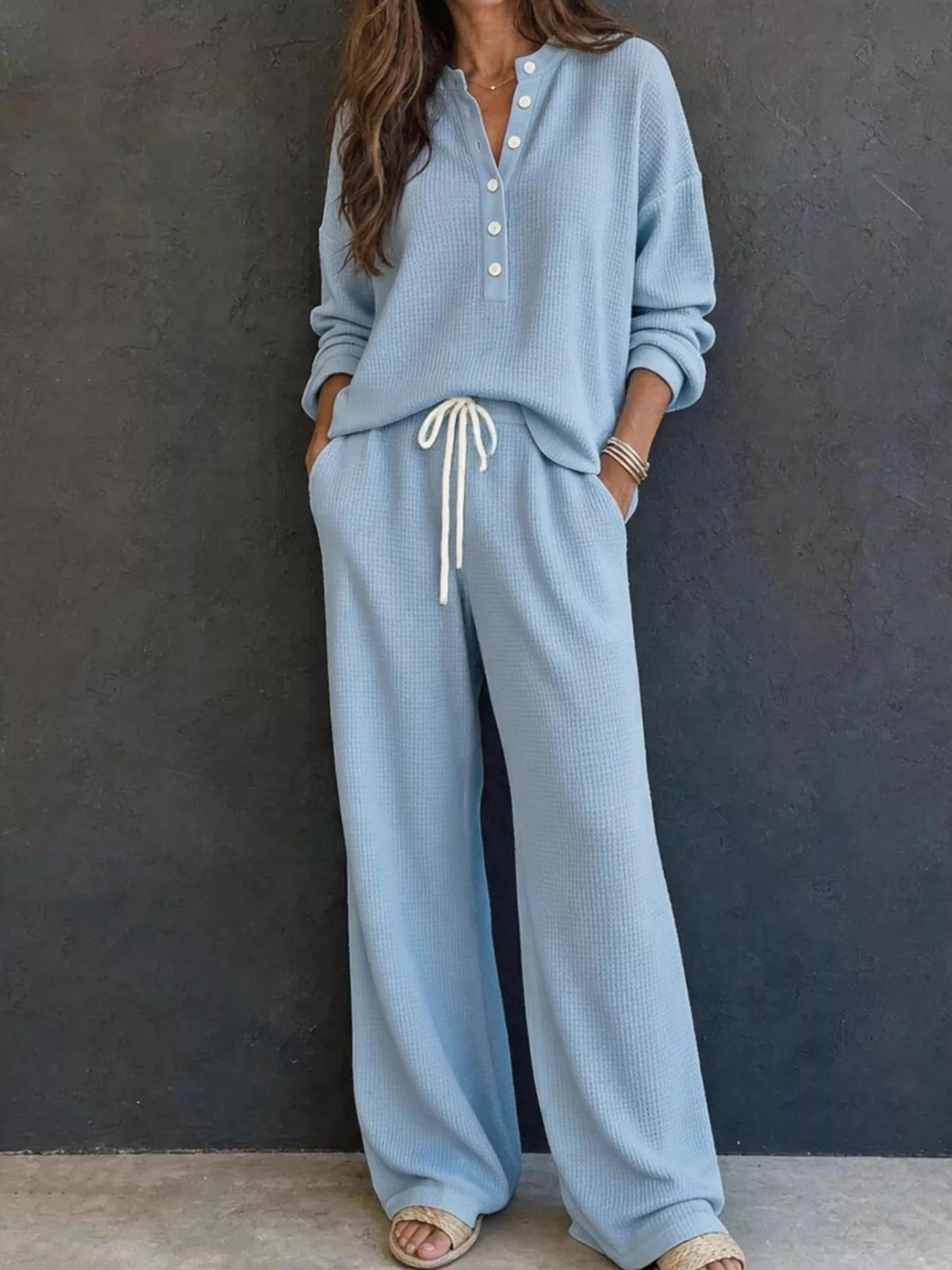 Waffle Knit Henley Top and Wide Leg Pants Set - Light Blue - View 7