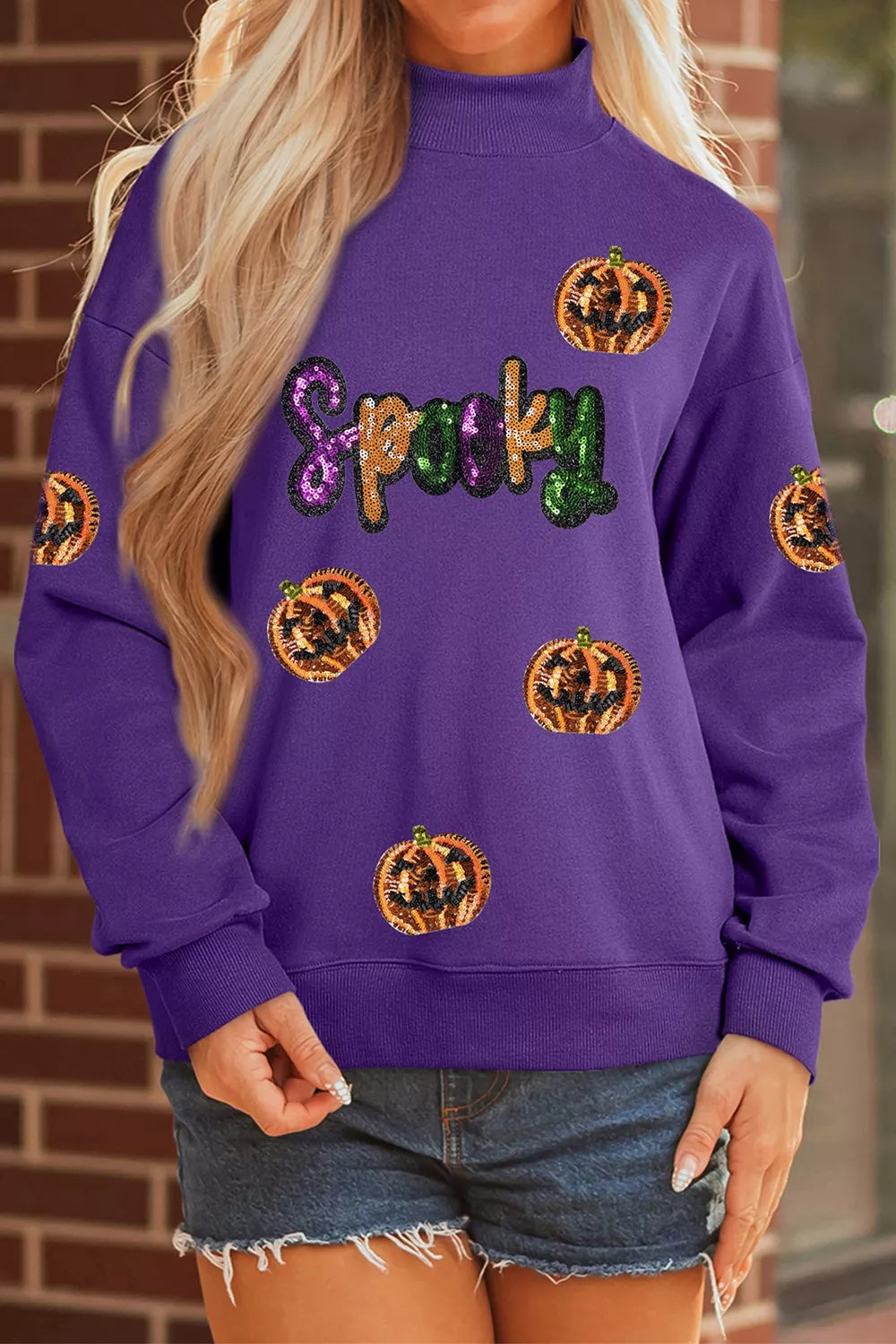 Sequin Pumpkin Spooky Halloween Sweatshirt - Violet - View 3