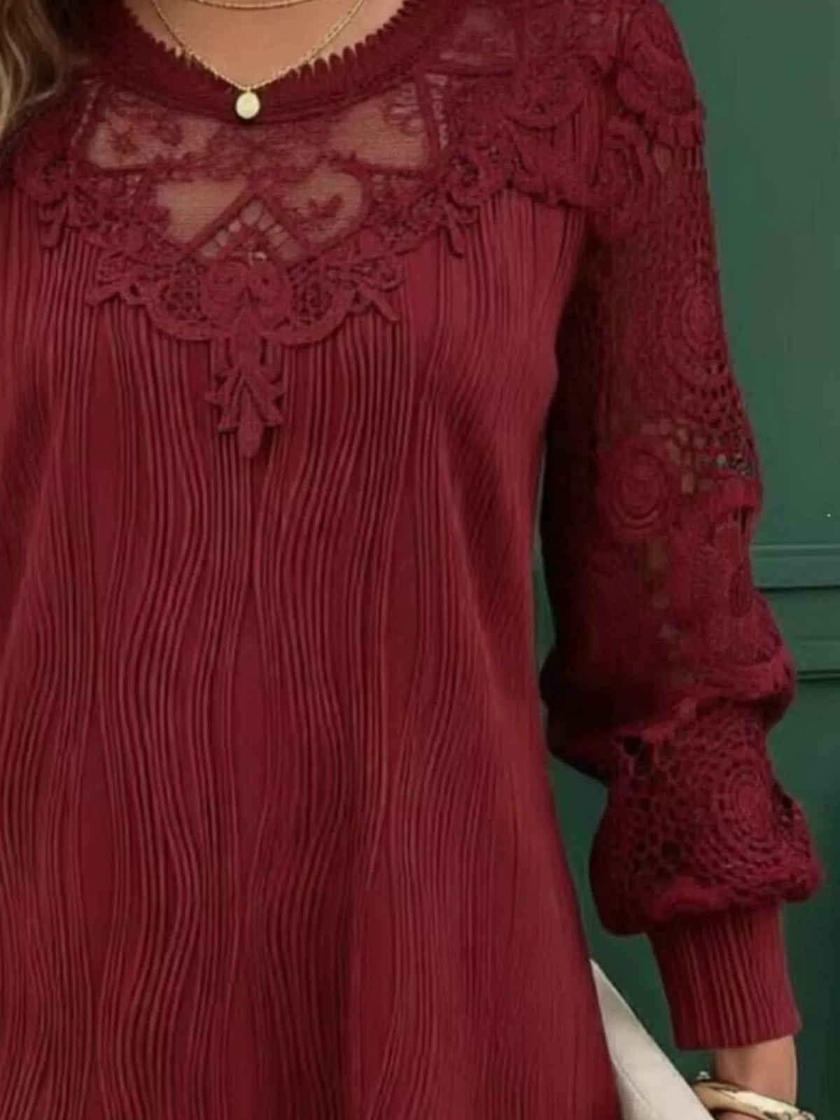 Lace Patchwork Long Sleeve Blouse - Burgundy - View 2