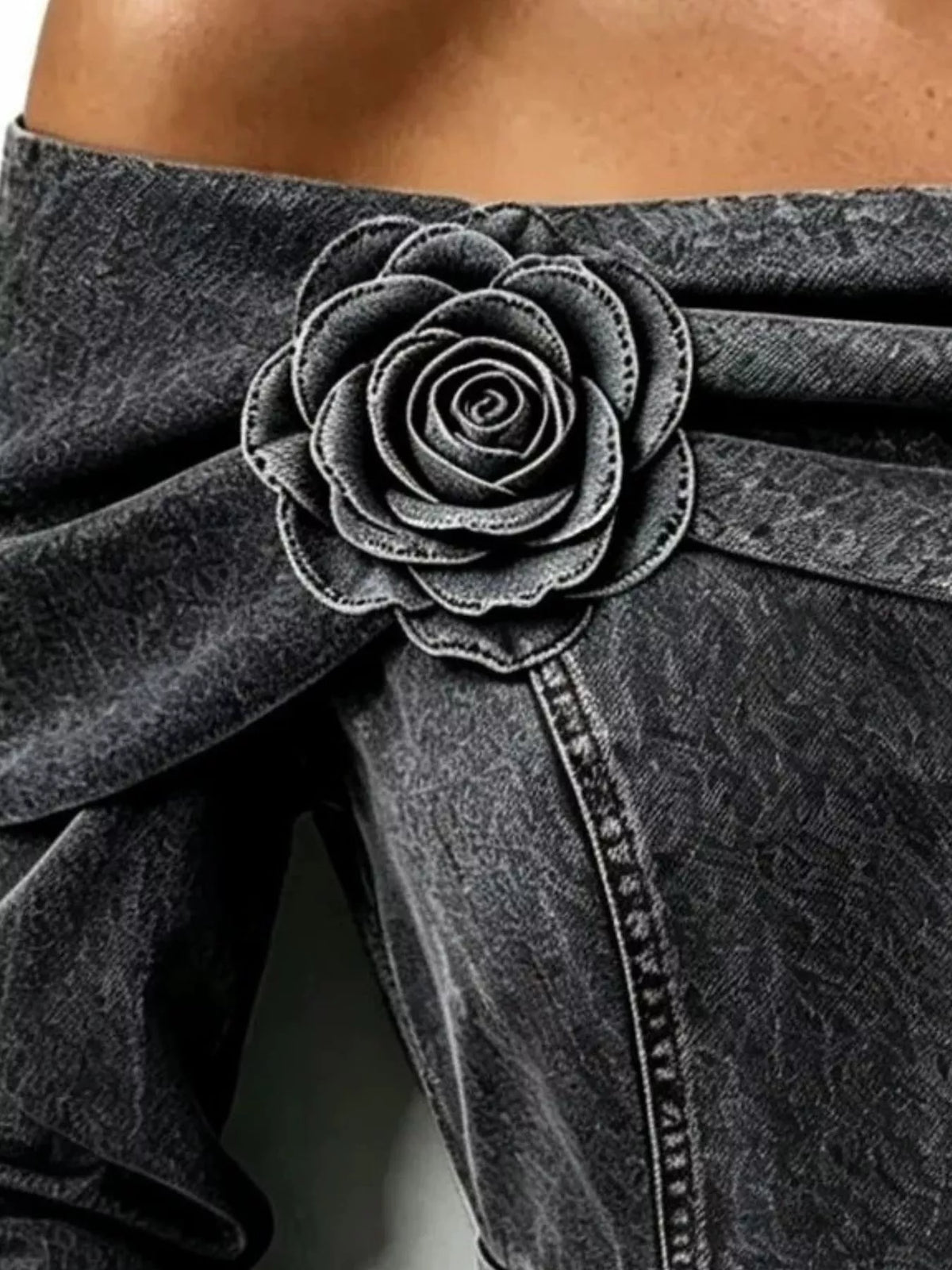 Full Size Off-Shoulder Floral Denim Look Top Plus Size - Black - View 2