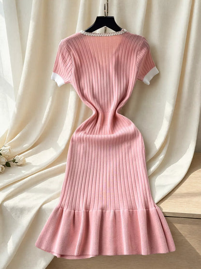Ruffled Hem V-Neck Ribbed Knit Dress - Pink - View 3