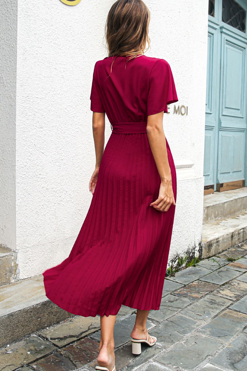 Flutter Sleeve Belted Surplice Midi Dress - Wine - View 6