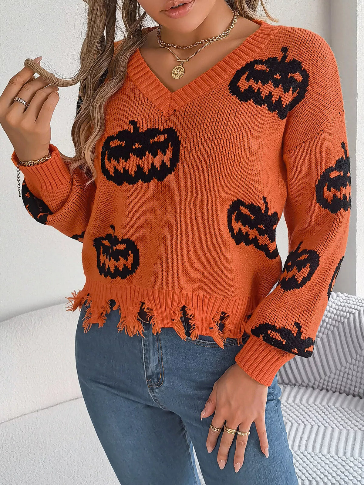 Pumpkin Distressed Hem Sweater - Orange - View 6