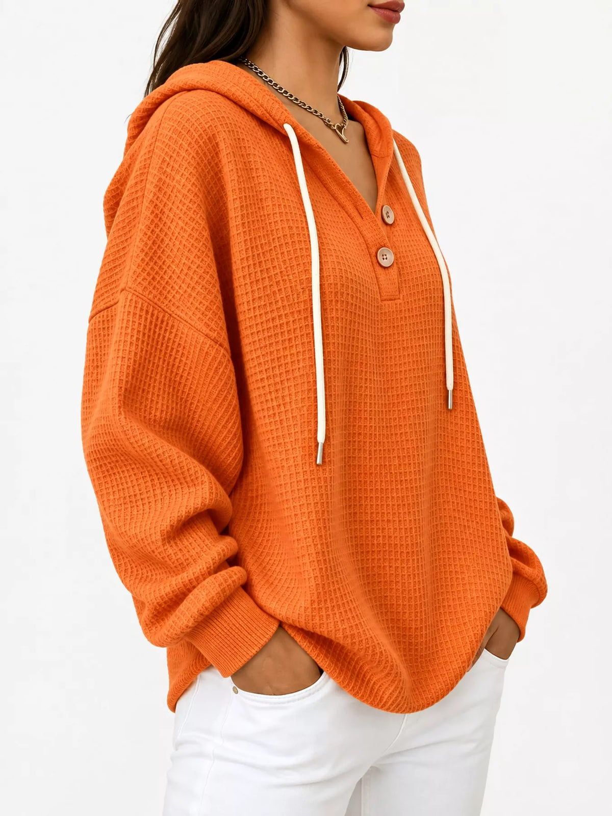 Full Size Waffle Knit Button Detail Hoodie Plus Size - Orange - View 31