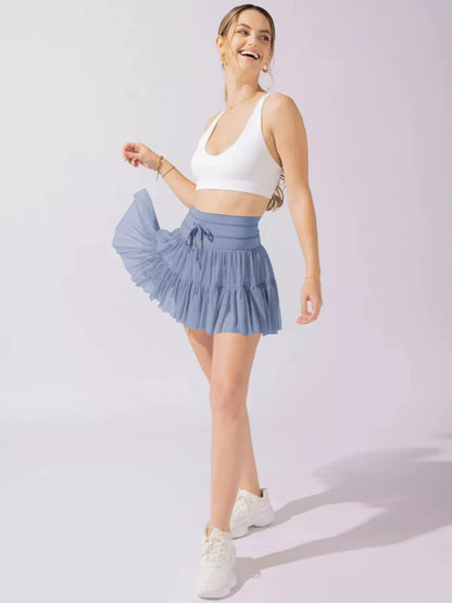 Tiered Skort with Drawstring - Dusty Blue - View 4