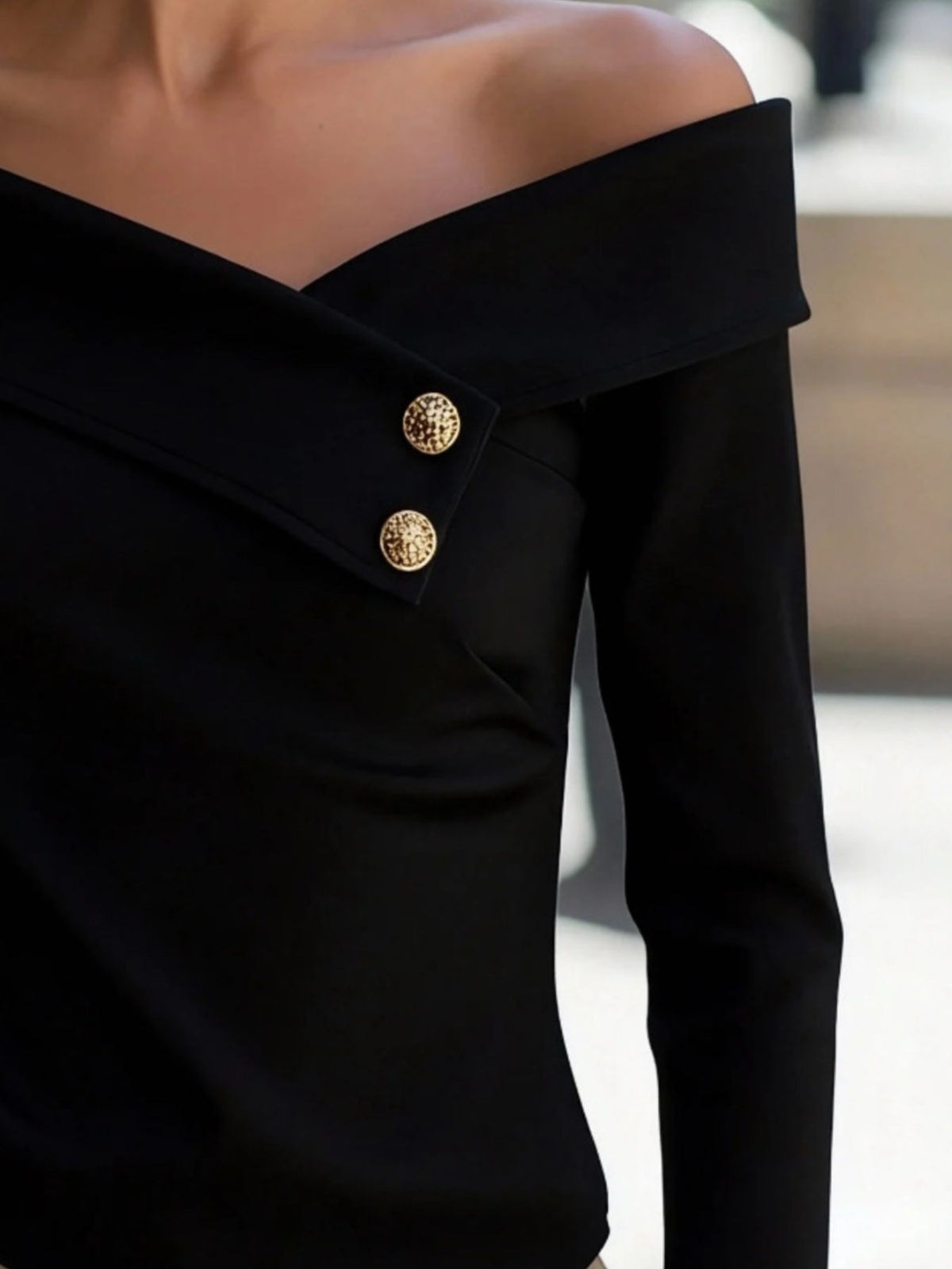 Off-Shoulder Button Decor Blouse - Black - View 6