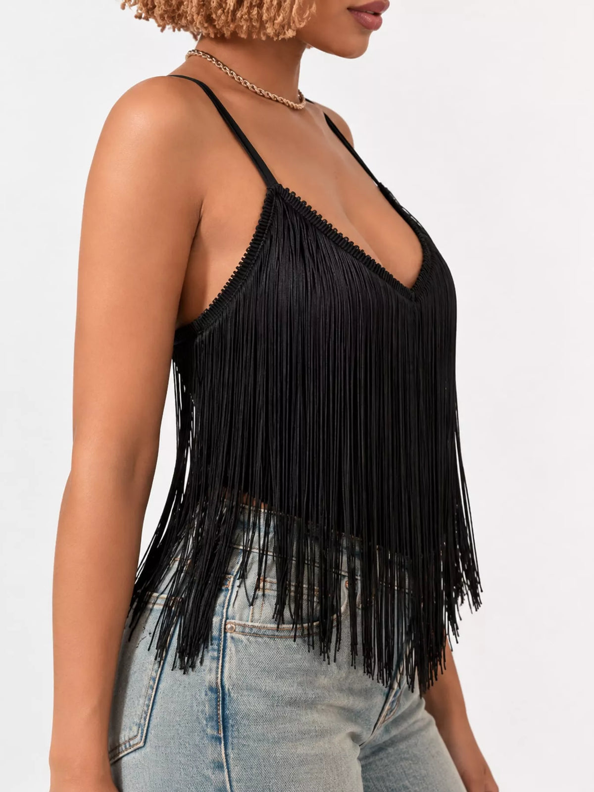 Fringe Trim V-Neck Cami - Black - View 6