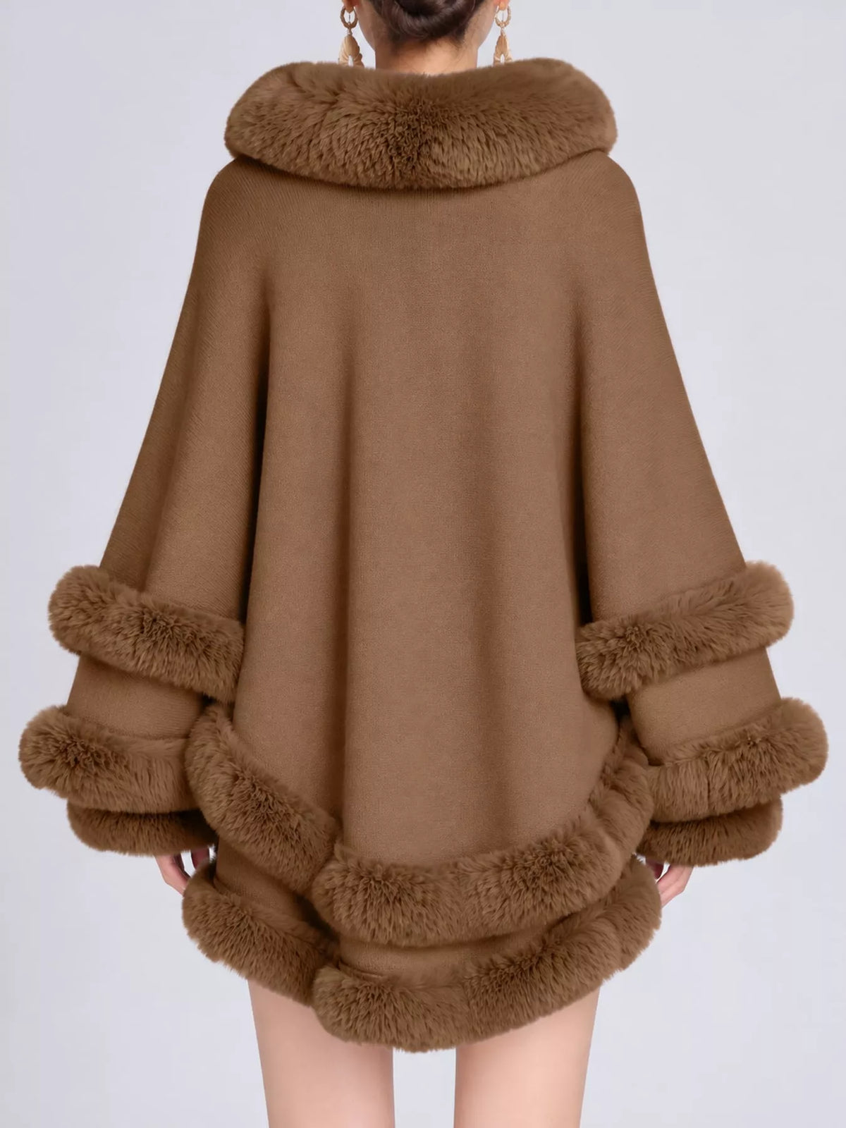 Faux Fur Trimmed Hooded Cape - Khaki - View 31
