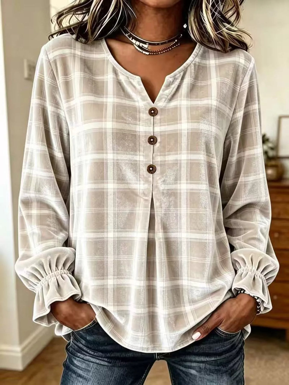 Full Size Plaid Velvet Flounce Sleeve Blouse Plus Size - Khaki - View 1