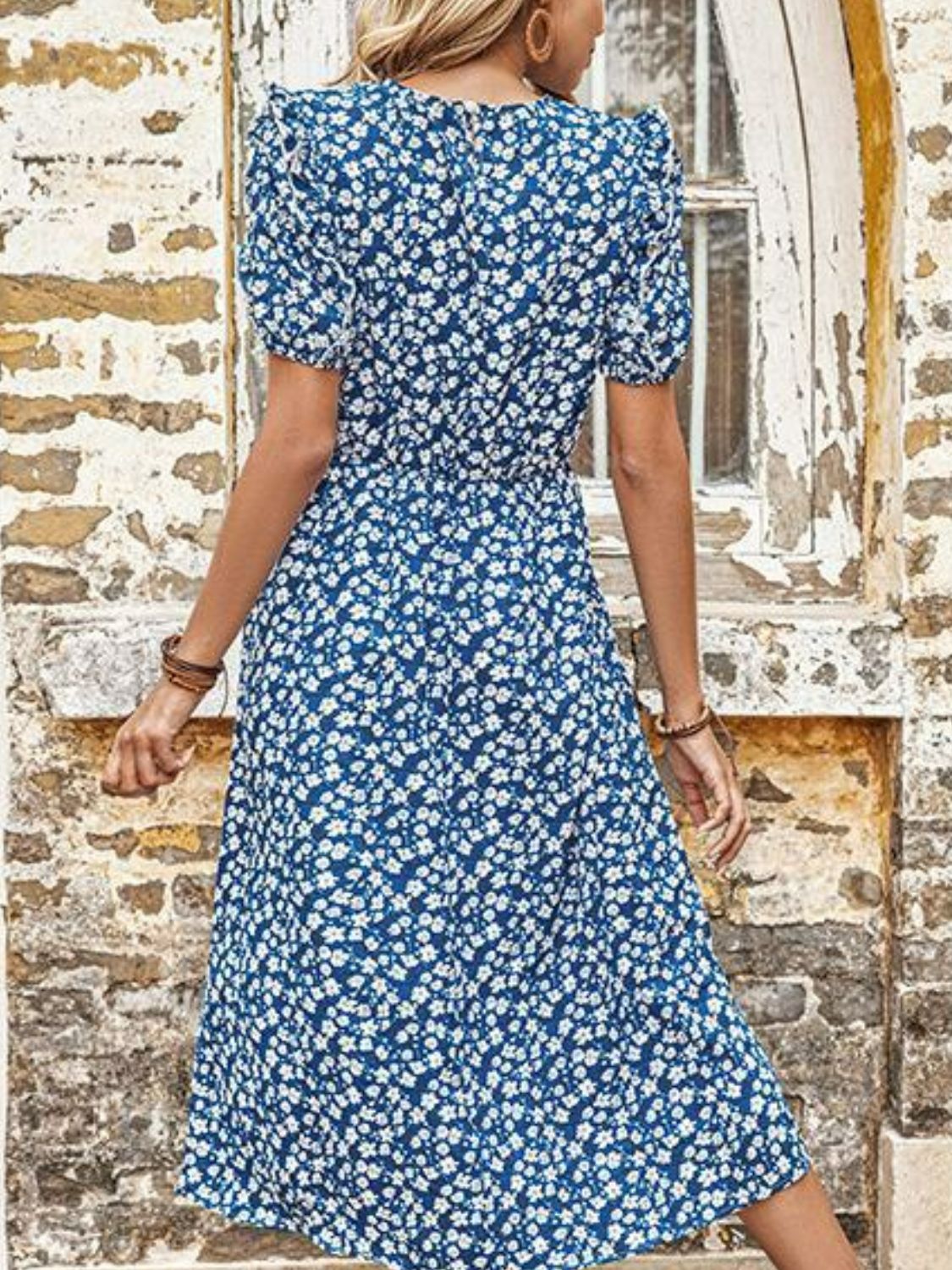 Perfee Floral Round Neck Split Midi Dress - Blue - View 3