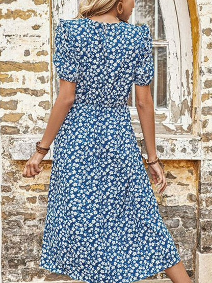 Perfee Floral Round Neck Split Midi Dress - Blue - View 3