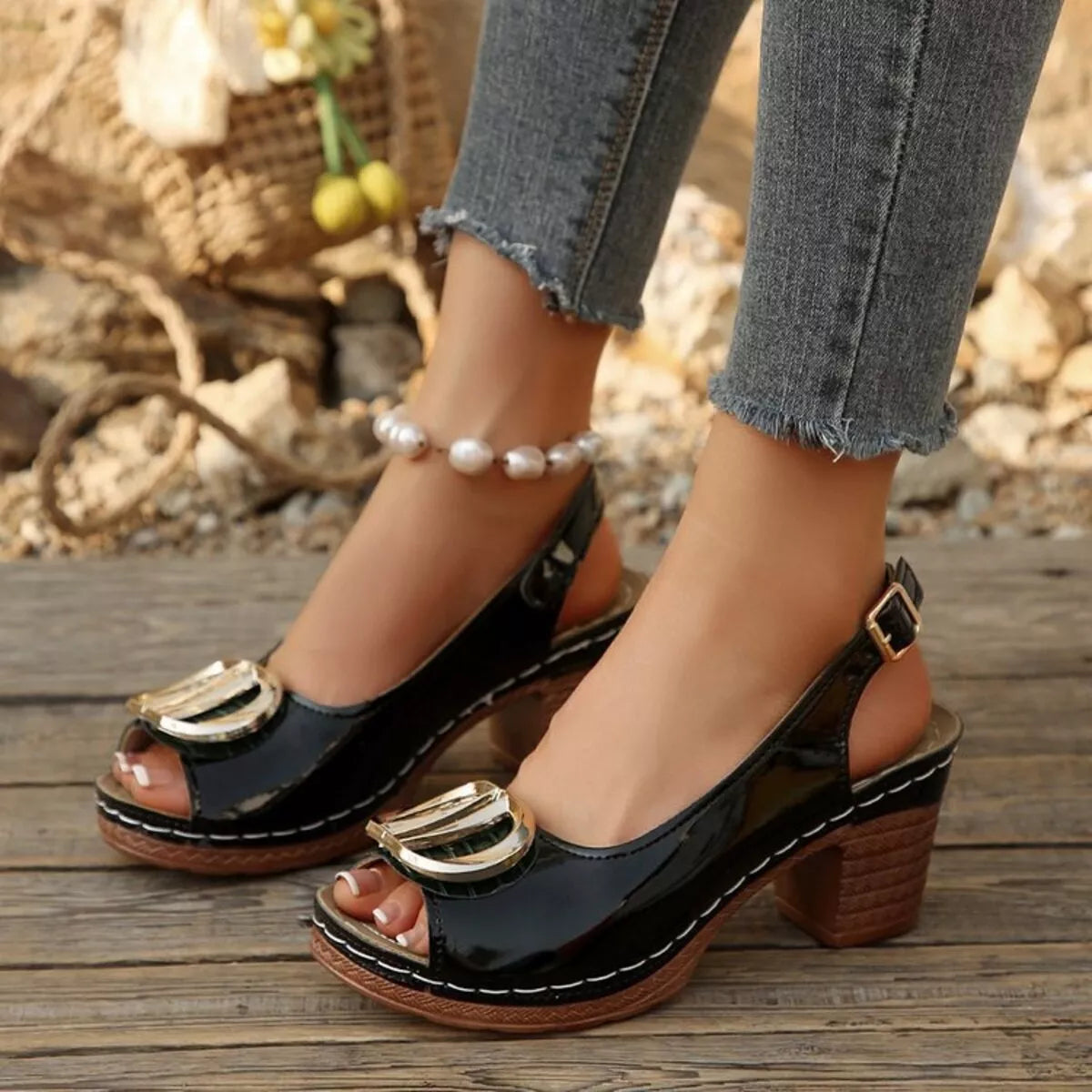 Peep Toe Block Heels Sandals - Black - View 7