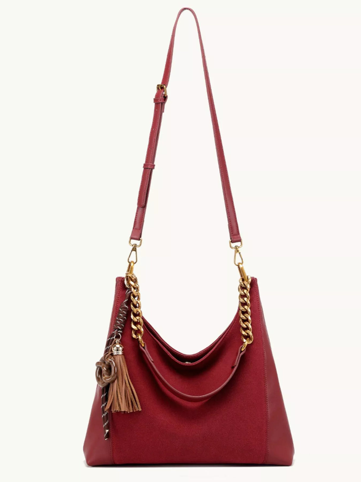 Chain Strap Tassel Charm Shoulder Bag - Wine Red - View 5