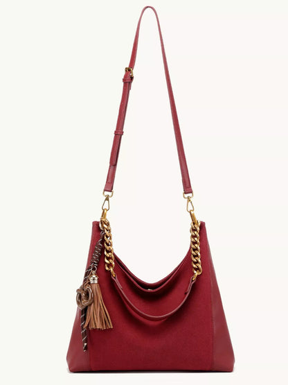 Chain Strap Tassel Charm Shoulder Bag - Wine Red - View 5