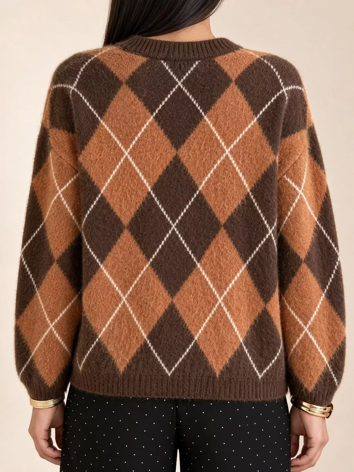 Argyle Pattern Fuzzy Knit Sweater - Orange - View 4