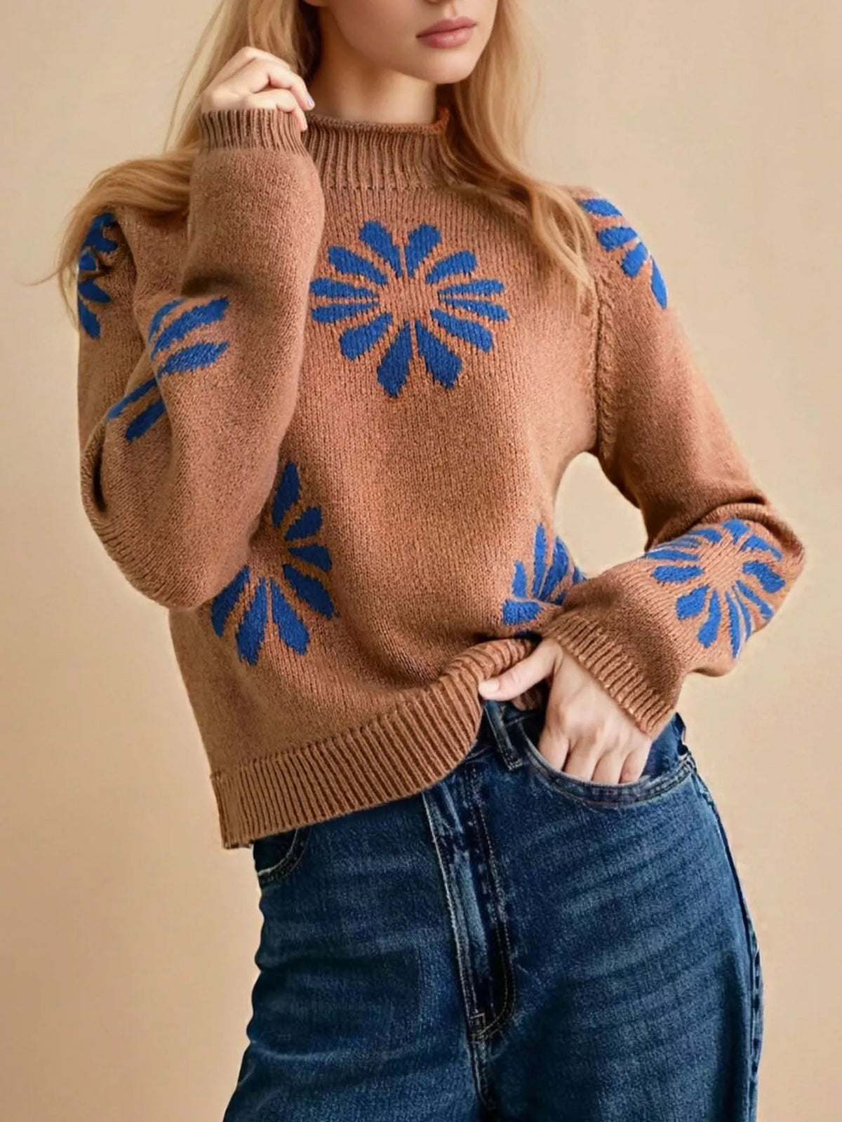 Flower Mock Neck Raglan Sleeve Sweater - Caramel - View 2