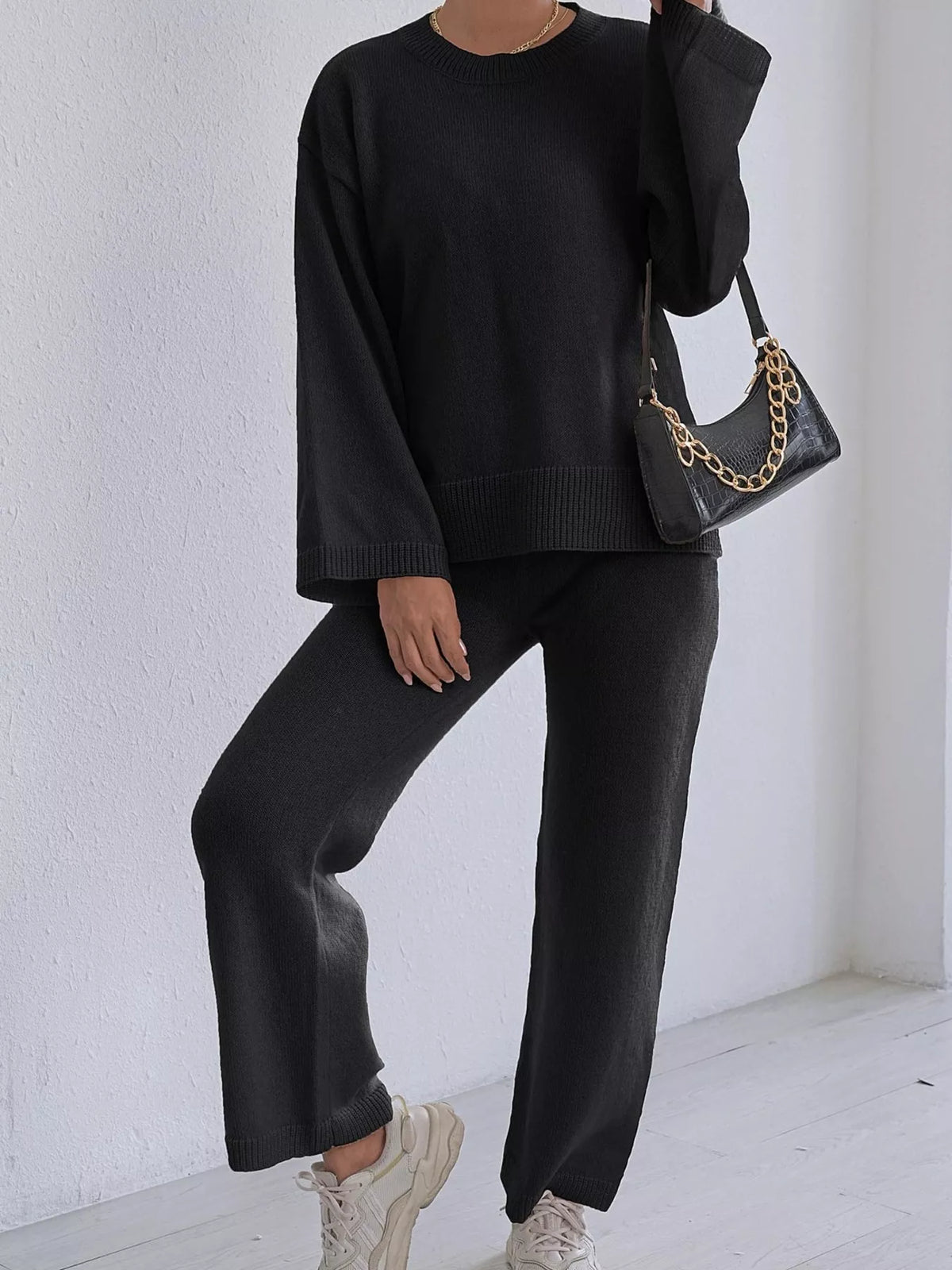 Dropped Shoulder Top and Pants Sweater Set - Black Suit - View 1