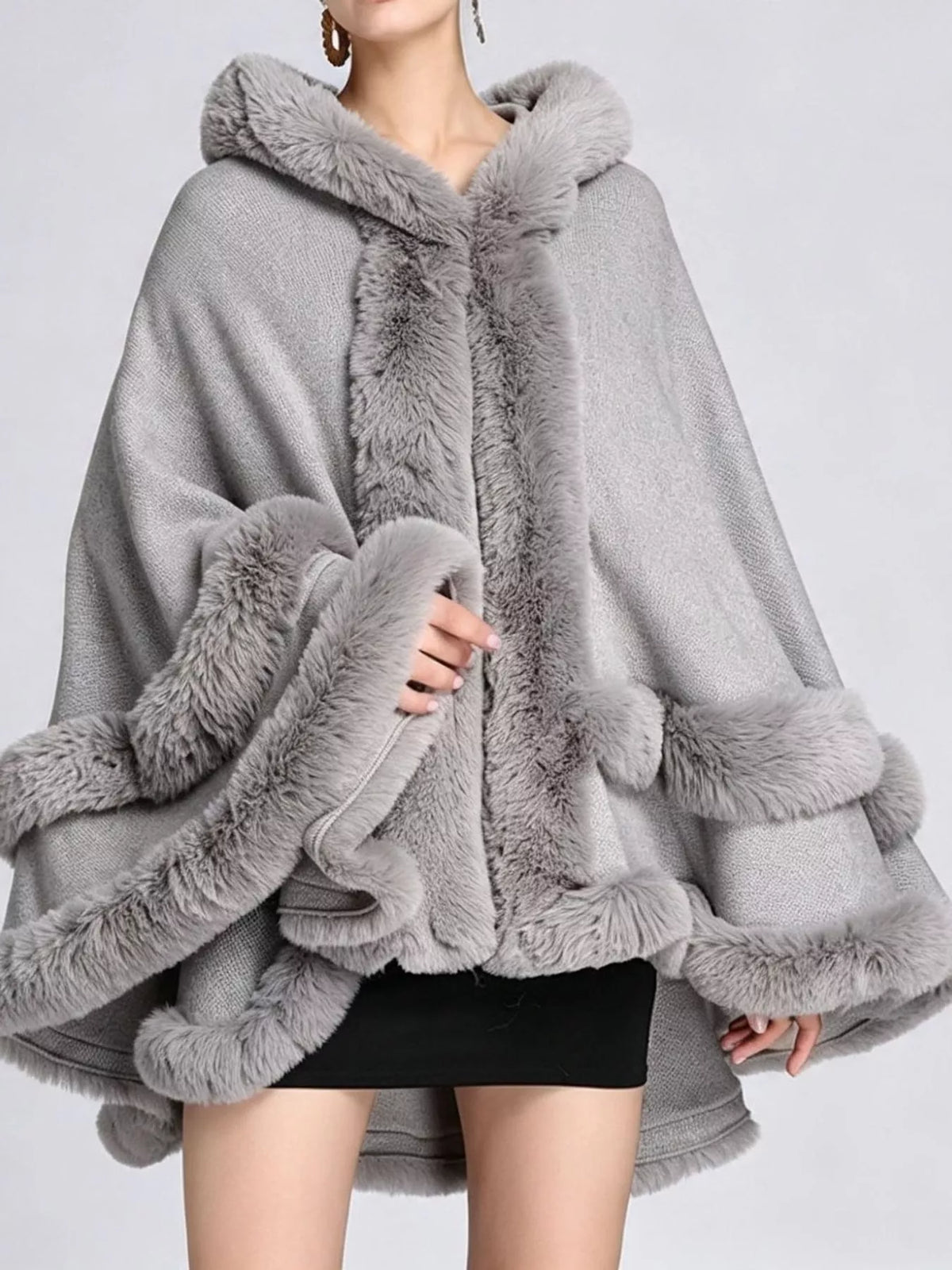Faux Fur Trimmed Hooded Cape - Light Gray - View 49