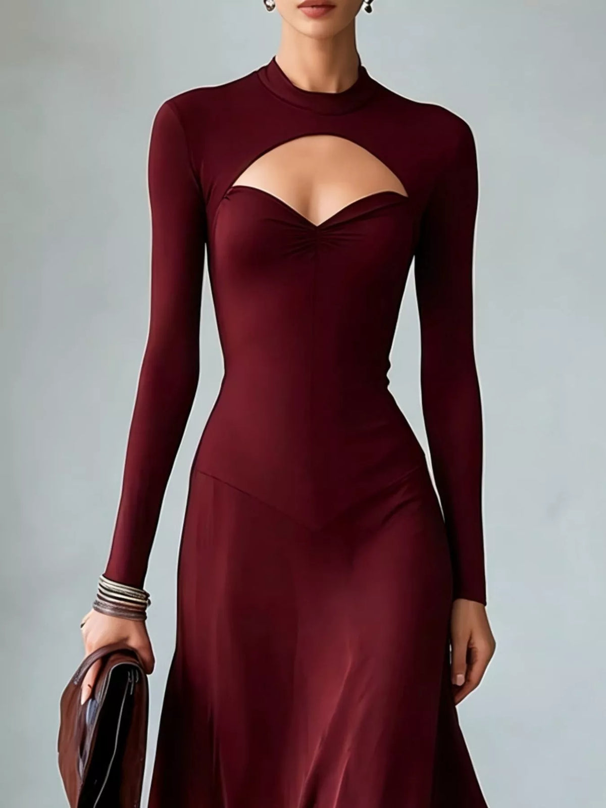 Full Size Mock Neck Cut-Out Long Sleeve Midi Dress Plus Size - Red - View 2