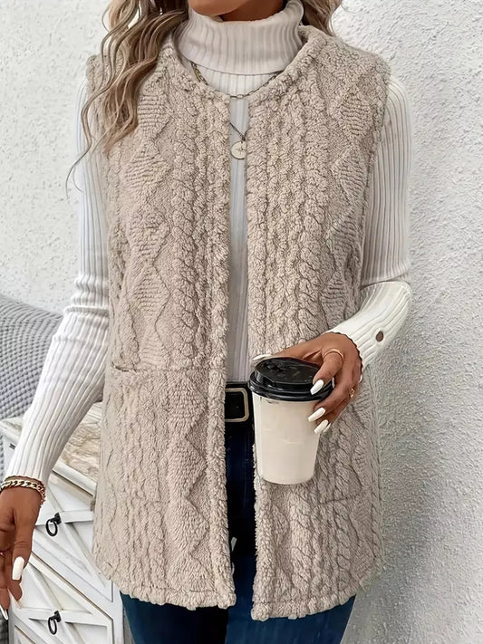 Sherpa Open Front Vest Coat - Light Gray - View 1