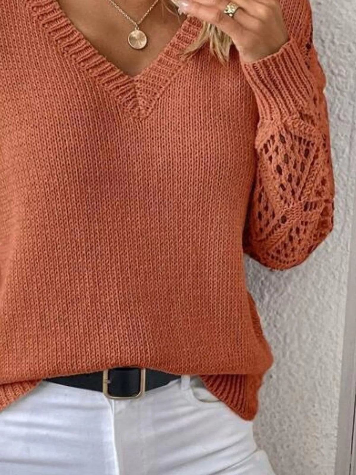 V-Neck Hollow-Out Sleeve Knit Sweater - Terracotta - View 12