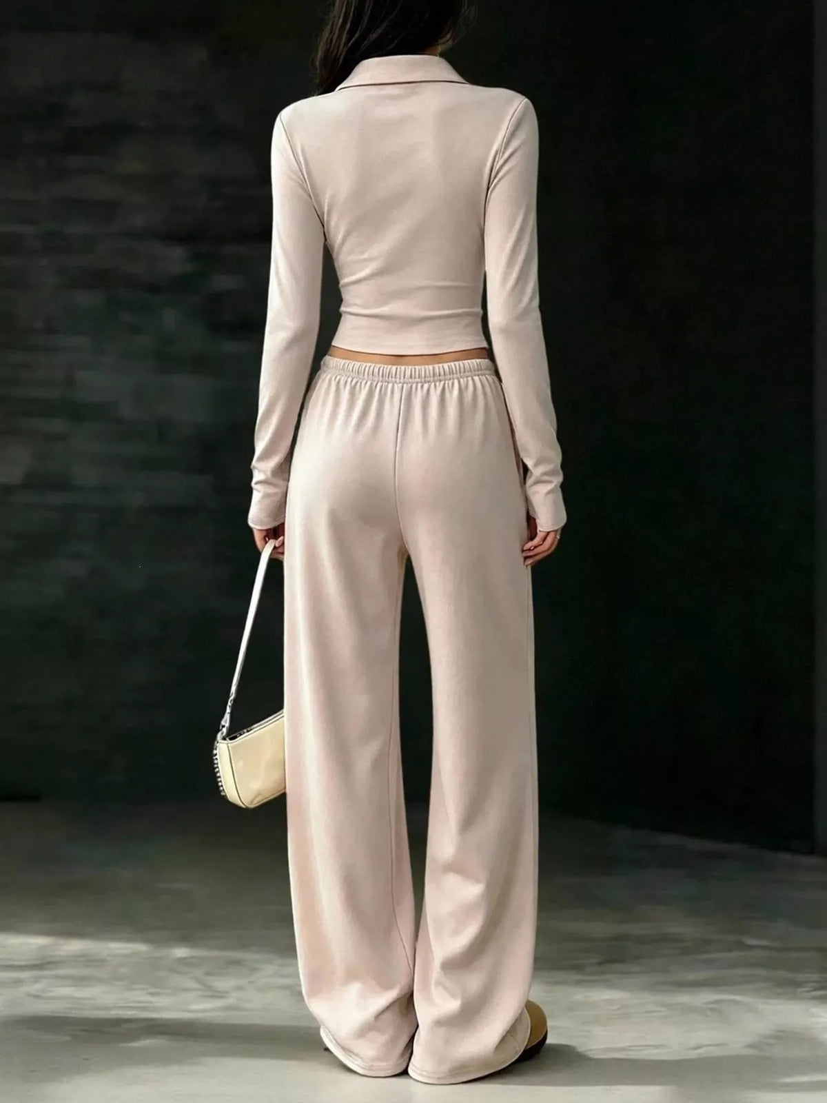 Solid Color Long Sleeve Polo Collar Top and Wide Leg Pants Set - Apricot - View 5