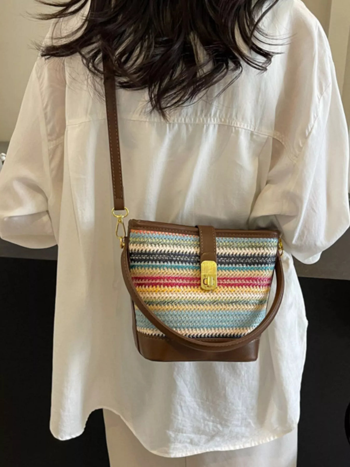 Striped Bucket Crossbody Bag - Brown - View 5