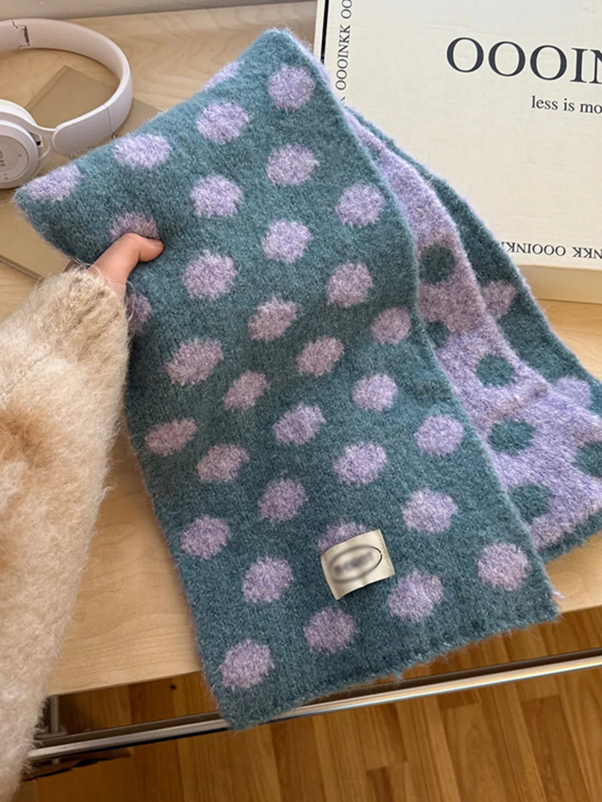 Polka Dot Knitted Scarf - Sky Blue - View 6