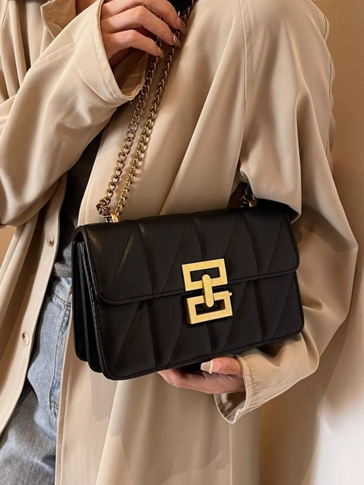 Quilted Flap Chain Crossbody Bag - Black - View 3