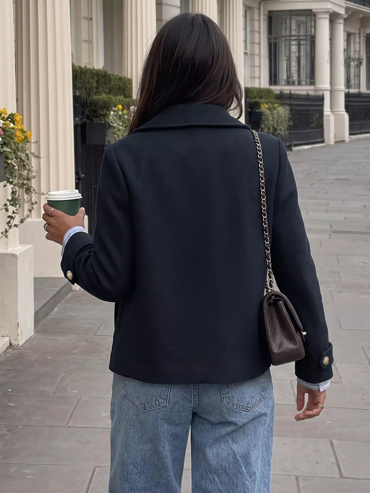 Double-Breasted Gold Button Blazer - Navy - View 5