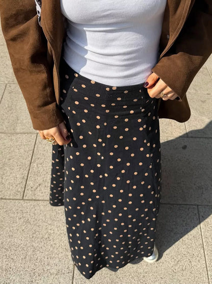 Polka Dot High-Waisted A-Line Skirt - Black - View 2